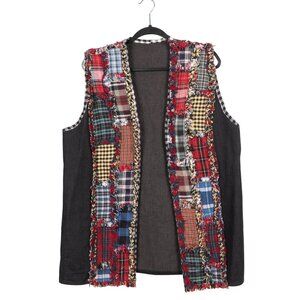 Patchwork Denim Vest L Frayed Edges Plaid Open Layering Piece Long Cottagecore